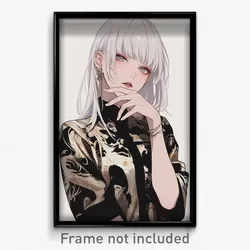 Art Poster - Girl Feeling Awe Wearing Silver Print Shirt (Art Print)