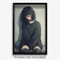 Anime Art Poster - Girl Feeling Neglect, Well Worn Black Framed Eyewear (Print)