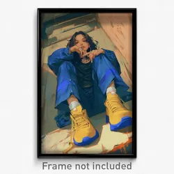 Art Poster - Woman Feeling Dazed Wearing Cute Blue Footwear (Art Print)