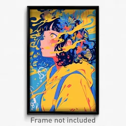 Anime Art Poster - Girl Feeling Adoration Wearing Flowery Yellow Hoodie (Print)