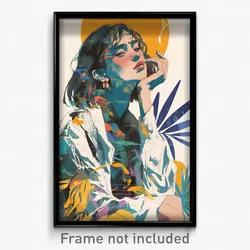 Art Poster - Woman Feeling Curiosity Wearing Antique White Cardigan (Art Print)