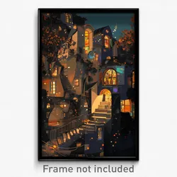 Art Poster - Nocturnal Small Town (Psychedelic Trippy Weird 11x17 Print)