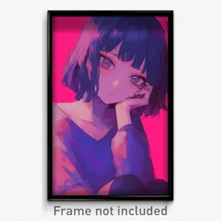 Anime Art Poster - Girl Feeling Restlessness Wearing Purple V Neck (Print)