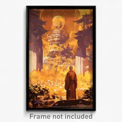 Art Poster - Man Feeling Calmness Wearing Candid Orange Dress (Art Print)