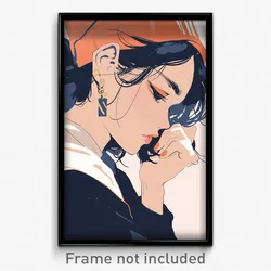 Anime Art Poster - Woman Feeling Calmness, Sturdy Hair Through Headwear (Print)