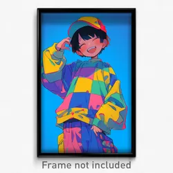 Anime Art Poster - Boy Feeling Triumphant, Colorful Checkered Clothes (Print)