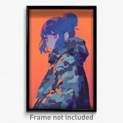 Anime Art Poster - Woman Feeling Isolated Wearing Worn Camouflage Jacket (Print)