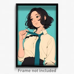 Anime Art Poster - Woman Feeling Insightful Wearing Quaint Aqua Necktie (Print)