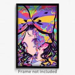 Anime Art Poster - Woman Feeling Dumbstruck Wearing Complex Striped Bow (Print)