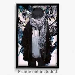 Anime Art Poster - Man Feeling Infatuation, Black And White Grey Scarf (Print)
