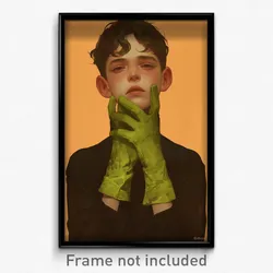 Art Poster - Boy Feeling Intrigued Wearing Wobbly Green Gloves (Print)