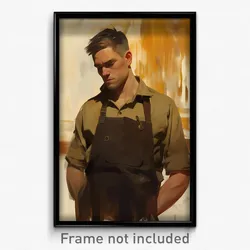 Art Poster - Man Feeling Intrigued Wearing Outstanding Brown Apron (Art Print)