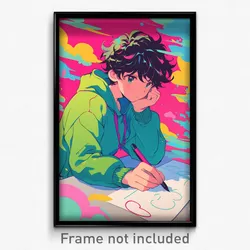 Anime Art Poster - Boy Feeling Shy Wearing Green Clothes Writing (Print)