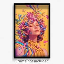 Art Poster - Girl Feeling Satisfaction, Handmade Flower Necklace (Art Print)