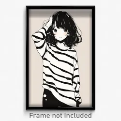 Anime Art Poster - Woman Feeling Anticipation, Striped Polka Dot Shirt (Print)