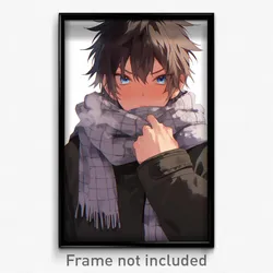 Anime Art Poster - Boy Feeling Fury Wearing Lively Grey Scarf (Print)