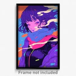 Anime Art Poster - Girl Feeling Calm Wearing Vivid Purple Scarf (Print)