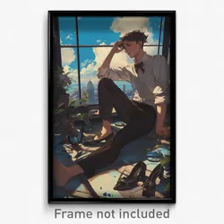 Art Poster - Man Feeling Curiosity Wearing Cluttered High Heels (Art Print)