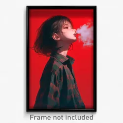 Anime Art Poster - Girl Feeling Content Wearing Smoking Checkered Shirt
