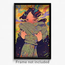 Art Poster - Girl Feeling Self Conscious Wearing Hearty Grey Scarf (Print)