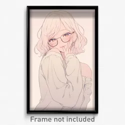 Anime Art Poster - Girl Feeling Shy Wearing Silver Grey Framed Eyewear (Print)