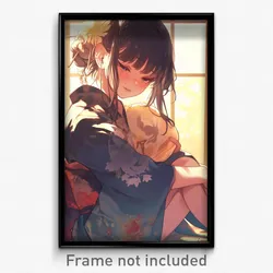 Anime Art Poster - Woman Feeling Pity, Reflecting Feather Trimmed Sleeves