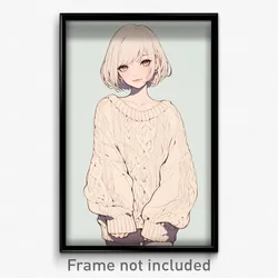 Anime Art Poster - Girl Feeling Attentiveness, Beautiful Beige Sweater (Print)
