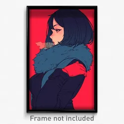 Anime Art Poster - Woman Feeling Calm Wearing Dependent Fur Scarf