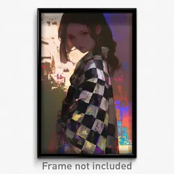 Art Poster - Woman Feeling Caring Wearing Adorable Checkered Kimono (Art Print)