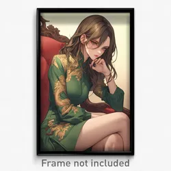 Anime Art Poster - Woman Feeling Boredom Wearing Genuine Cocktail Dress (Print)
