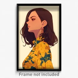 Art Poster - Woman Feeling Insightful Wearing Flowery Ribbed Shirt (Print)