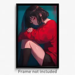 Anime Art Poster - Girl Feeling Grief Wearing Wobbly Red Sweater (Print)