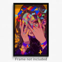 Anime Art Poster - Woman Feeling Enthusiasm, Attractive Purple Ribbon (Print)