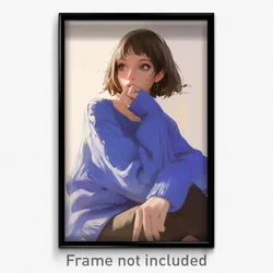 Art Poster - Girl Feeling Distracted Wearing Silky Blue Sweater (Art Print)