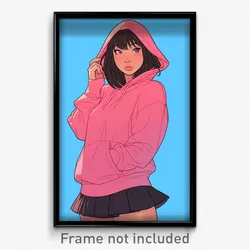 Art Poster - Girl Feeling Sympathy Wearing Adorable Pink Hoodie (Print)
