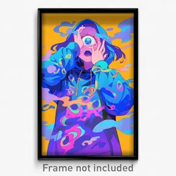Anime Art Poster - Woman Feeling Shocked Wearing Violet Blue Hoodie (Print)