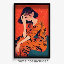 Art Poster - Girl Feeling Nervous Wearing Red Orange Dress (Print)