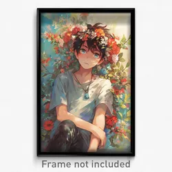 Anime Art Poster - Boy Feeling Discontentment, Modern Flower Necklace (Print)