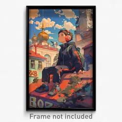 Russian Movie Poster - Boy Feeling Grouchiness, Athletic Headphones (Art Print)