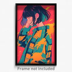 Anime Art Poster - Girl Feeling Regret Wearing Rectangular Plaid Jacket (Print)