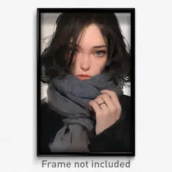 Art Poster - Girl Feeling Vigilance Wearing Heartfelt Grey Scarf (Print)