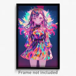 Anime Art Poster - Girl Feeling Awe Wearing Flashy Multicolored Dress (Print)