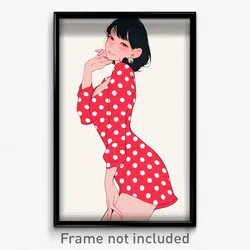 Anime Art Poster - Woman Feeling Happiness, Striking Polka Dot Dress (Print)