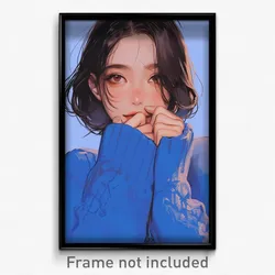 Anime Art Poster - Woman Feeling Admiration, Original Blue Sweater (Print)