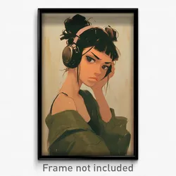 Art Poster - Woman Feeling Perplexed Wearing Quirky Headphones (Print)