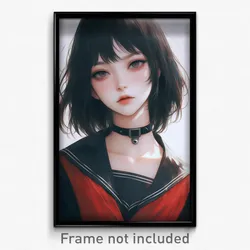 Anime Art Poster - Girl Feeling Agitation, Gripping Red Sailor Collar (Print)
