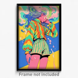 Art Poster - Woman Feeling Sympathy Wearing Unique Striped Shorts (Art Print)