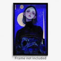 Art Poster - Woman Feeling Grumpiness, Black And White Blue Sweater (Art Print)