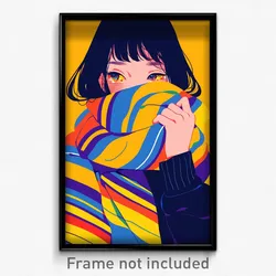 Anime Art Poster - Woman Feeling Lonely Wearing Heartfelt Striped Scarf (Print)