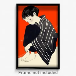 Art Poster - Boy Feeling Doubt Wearing Black Striped Kimono (Art Print)